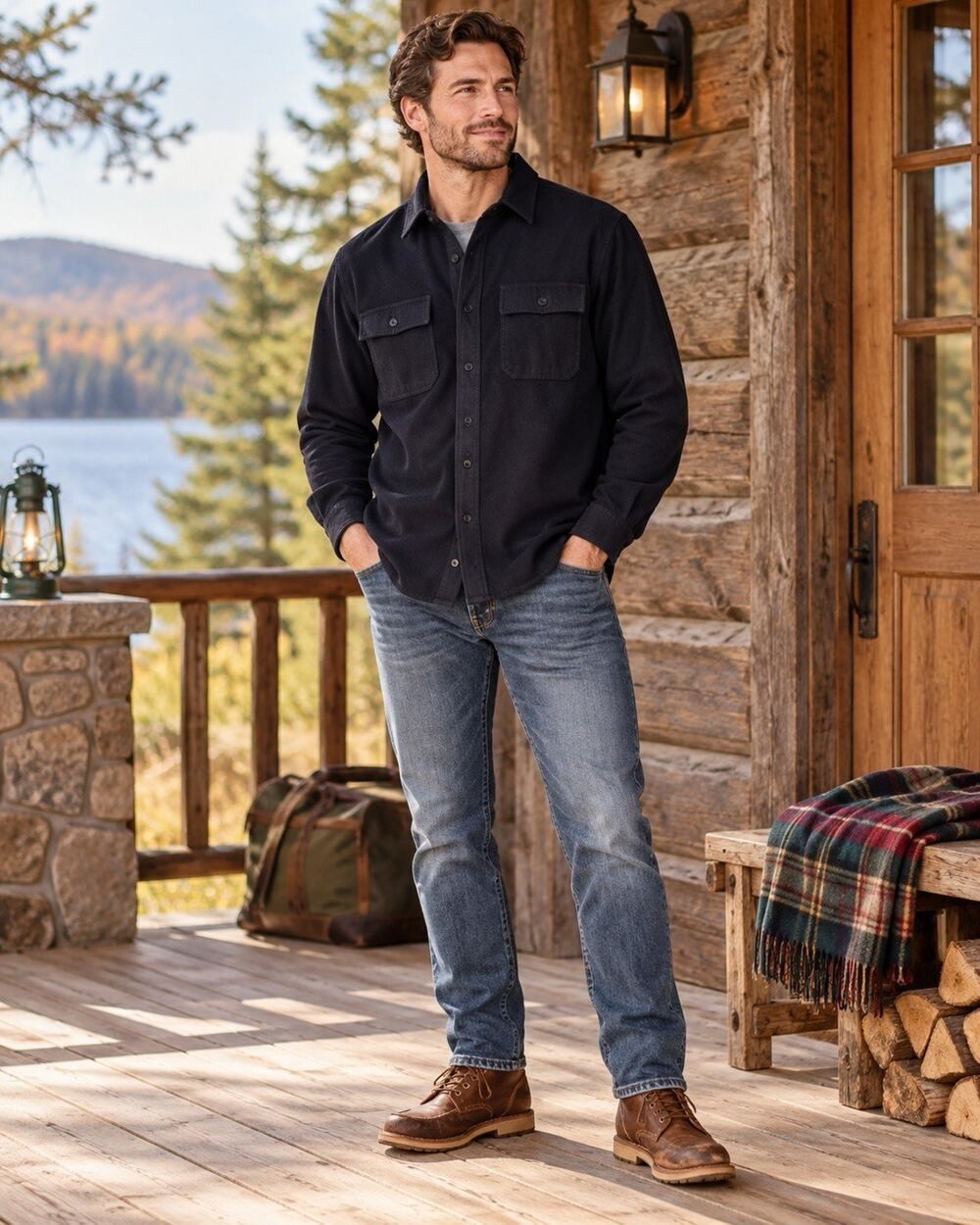 L.L.Bean Men L dark Blue flannel Solid Long Sleeve Button Up Shirt w/ Pockets
